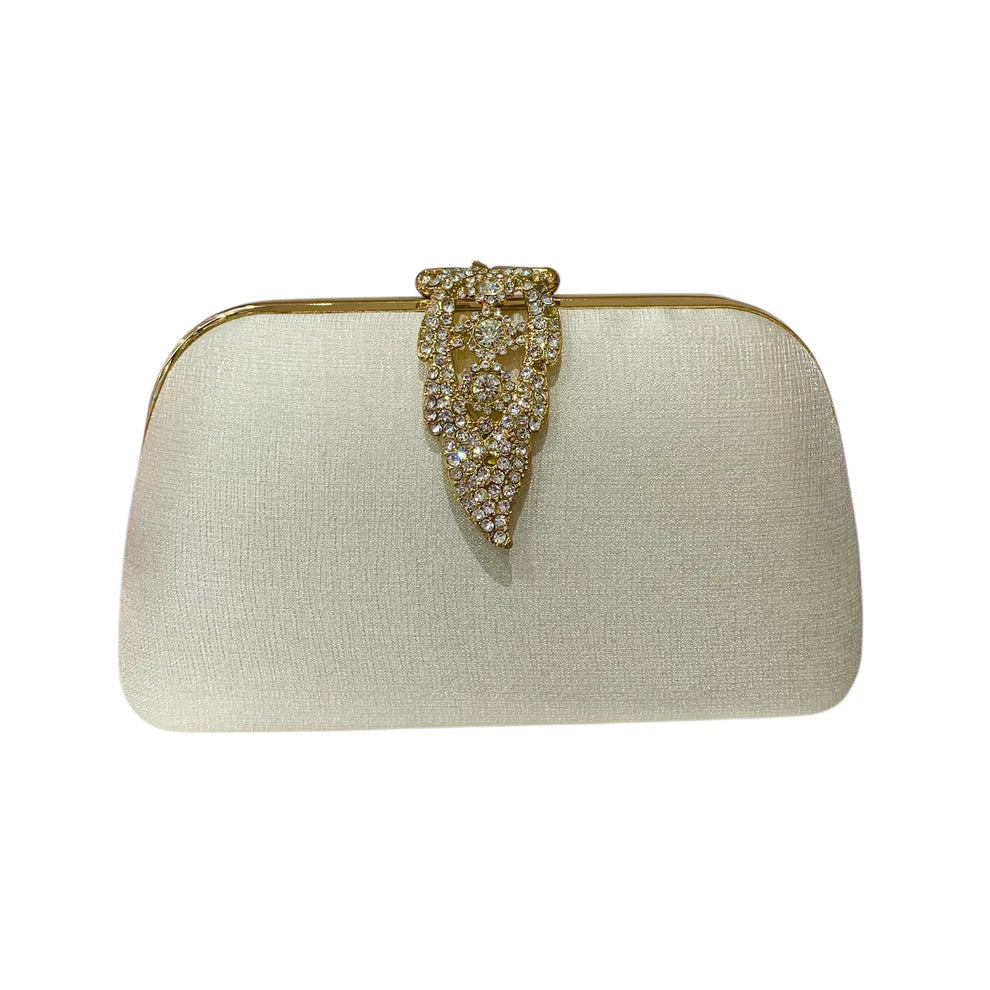 Cream Clutch Bag With Gold Trim & Crystal Clasp