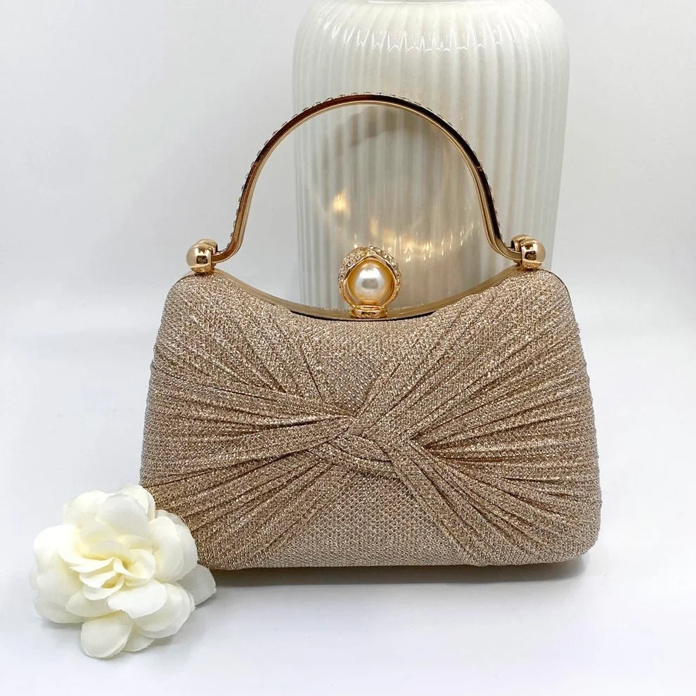 Champagne Handbag with Pearl & Crystal Clasp