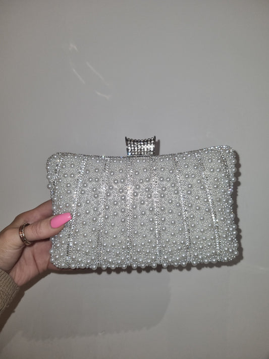 Pearl & Crystal Clutch Bag With Silver Trim