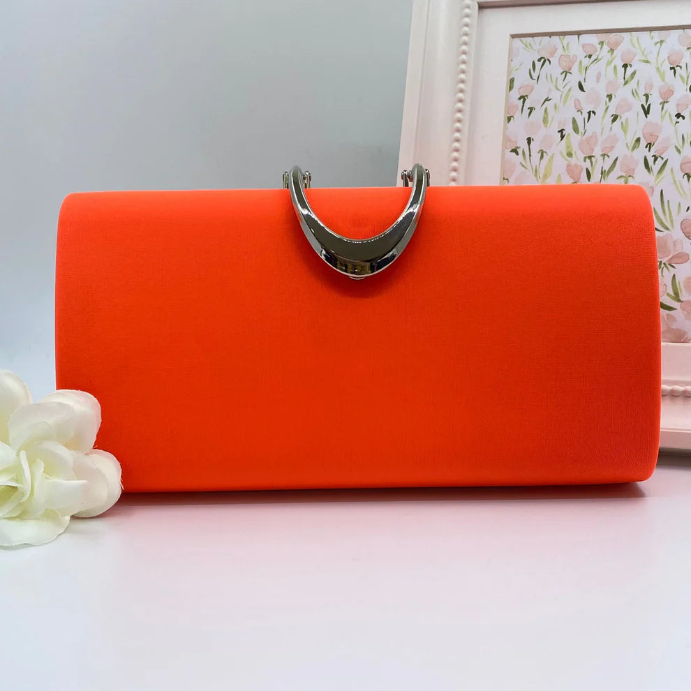 Orange Satin Clutch Bag With Silver Clasp