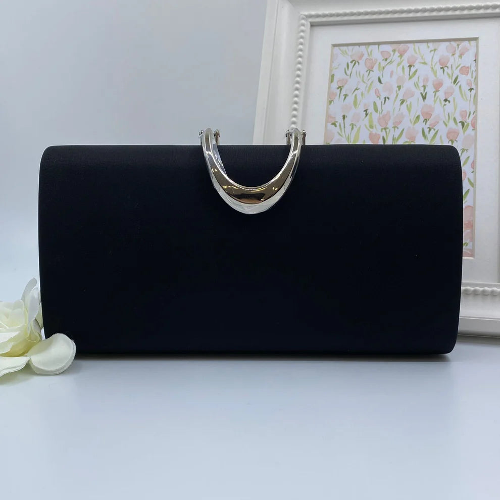 Black Satin Clutch Bag With Silver Clasp