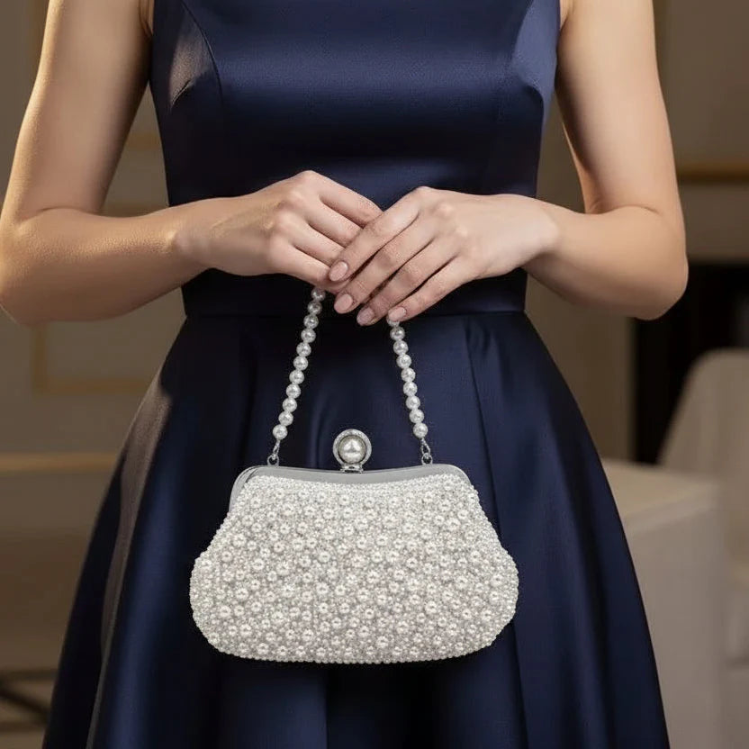 Pearl Clutch Bag With Silver Frame