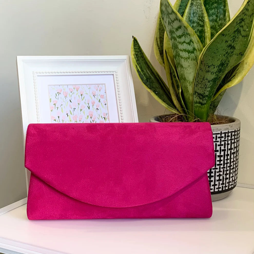 Fuchsia Suede Envelope Style Clutch Bag