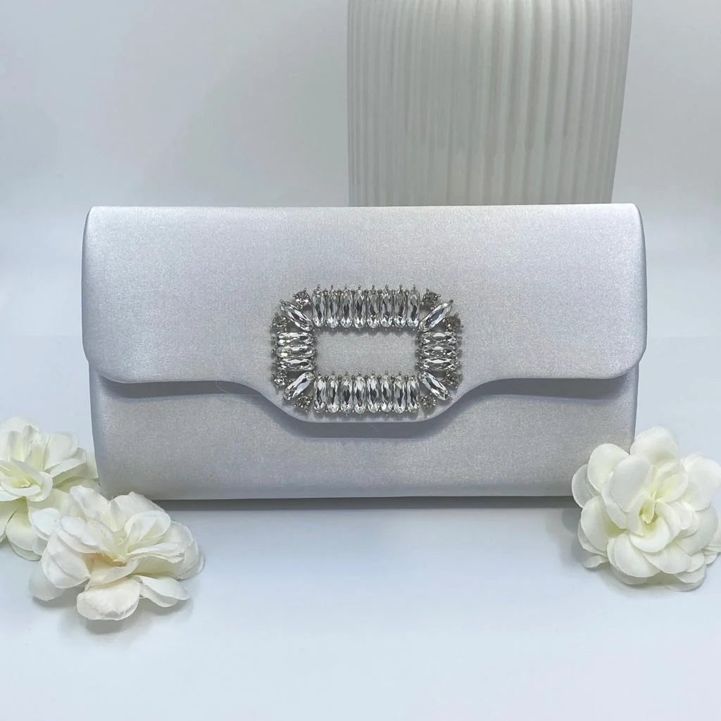 Silver Satin Clutch Bag With With Silver Crystal Clasp