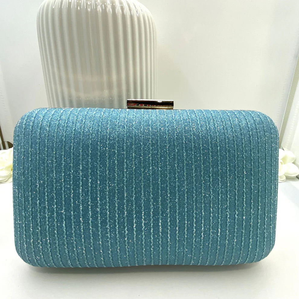 Blue Glitzy Clutch Bag with Silver Frame