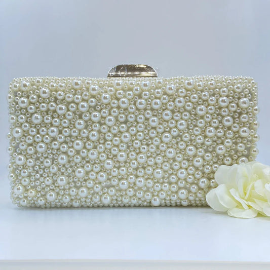 Square Pearl Bridal Silver Framed Clutch Bag