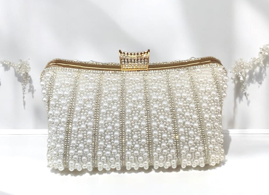 Pearl & Crystal Clutch Bag With Gold Trim