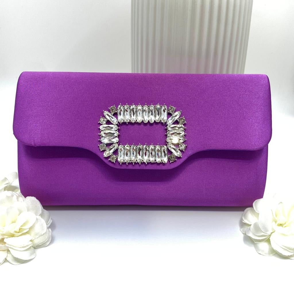 Purple Satin Clutch Bag With Crystal Clasp