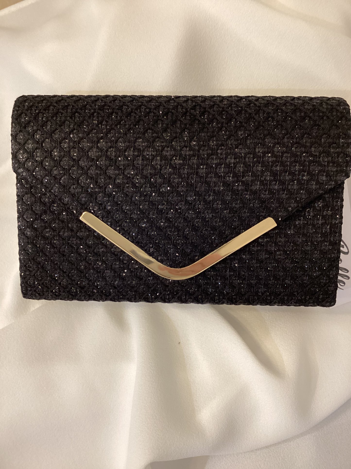 Belle Black Shimmer Clutch Bag With Gold Detail
