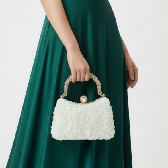 Pearl Handbag With Crystal Handle In Gold Frame