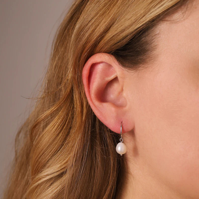 GT Pearl Drop Silver Huggie Hoops