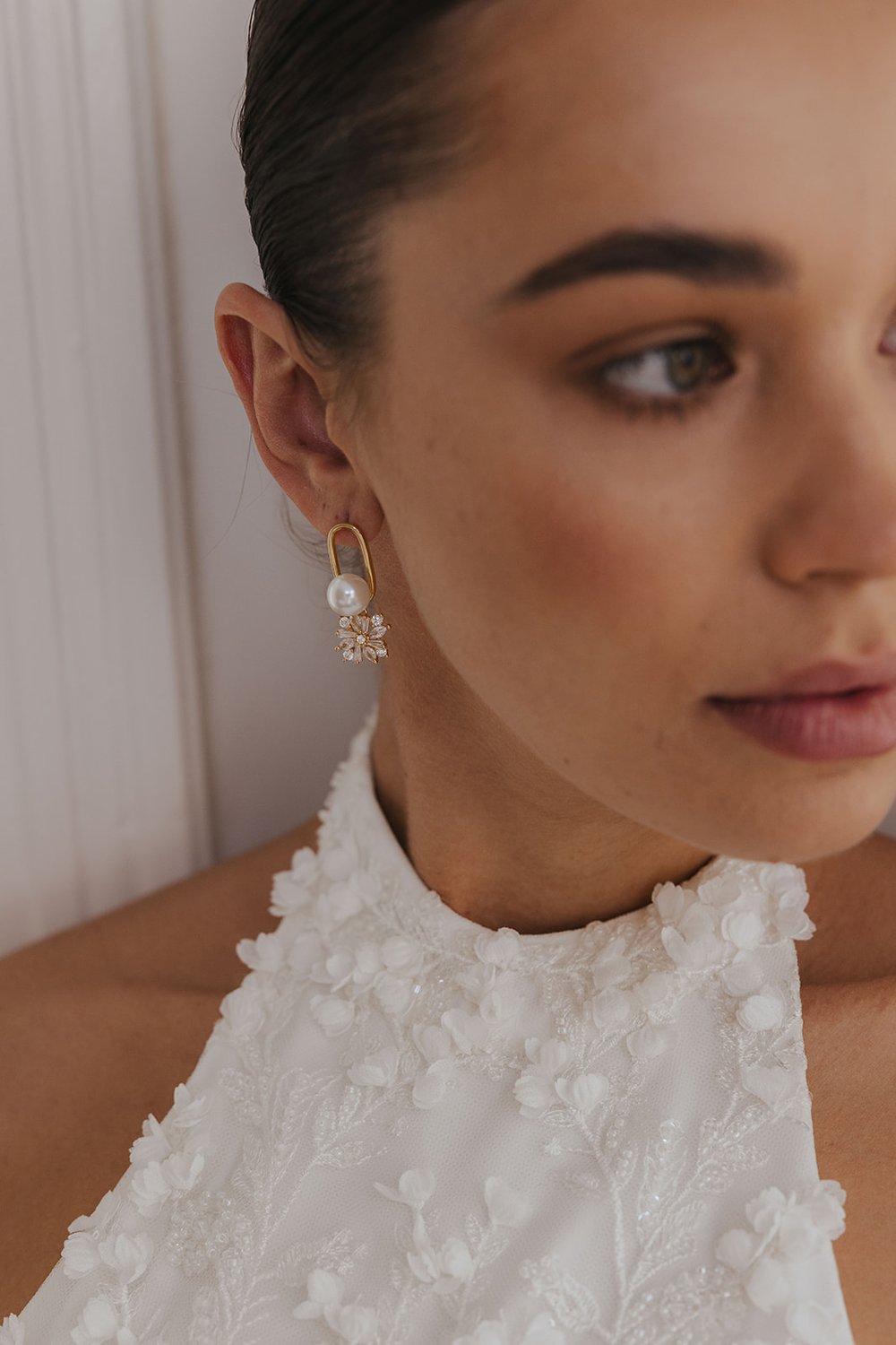 Jade Oi Gaia Gold Loop Pearl Starburst Drop Bridal Earrings
