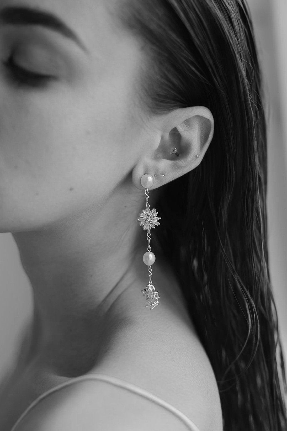 Jade Oi Sofia White Gold Starbursts Rhinestone Pearl Drop Bridal Earrings