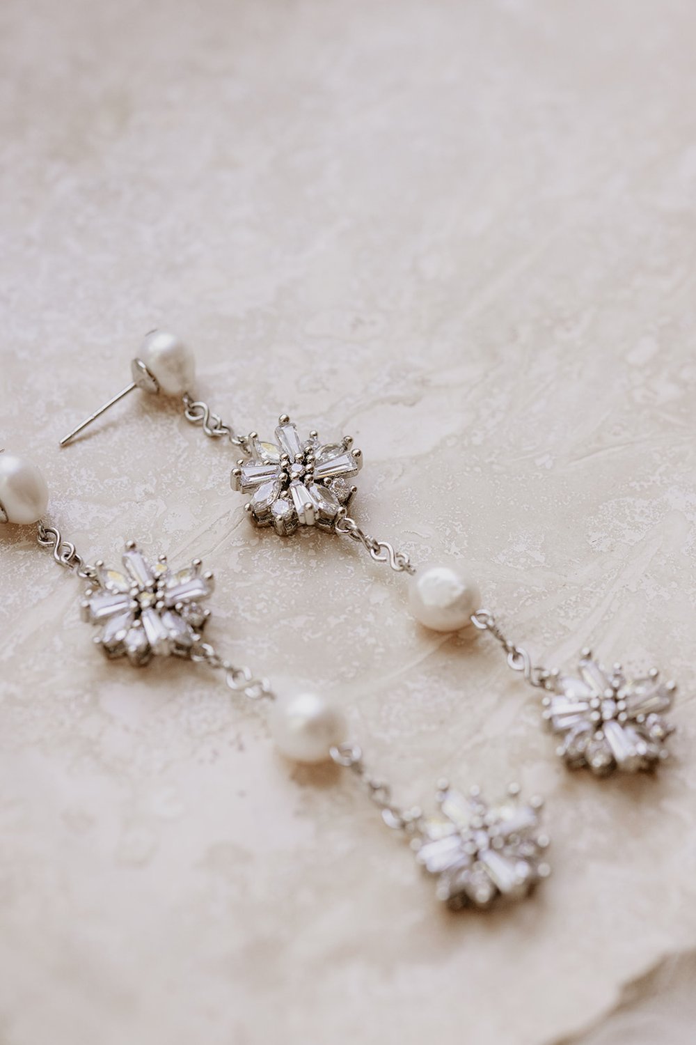 Jade Oi Sofia White Gold Starbursts Rhinestone Pearl Drop Bridal Earrings