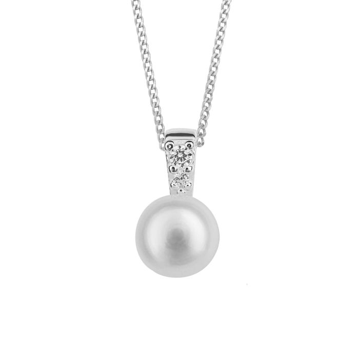 GKO Sterling Silver Pearl Pendant with Pave Cubic Zirconia and Chain