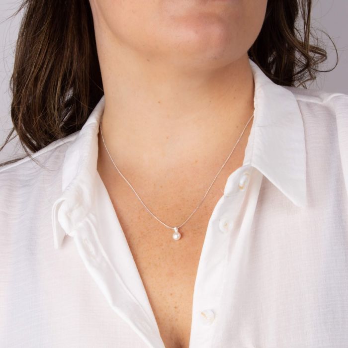 GKO Sterling Silver Pearl Pendant with Pave Cubic Zirconia and Chain