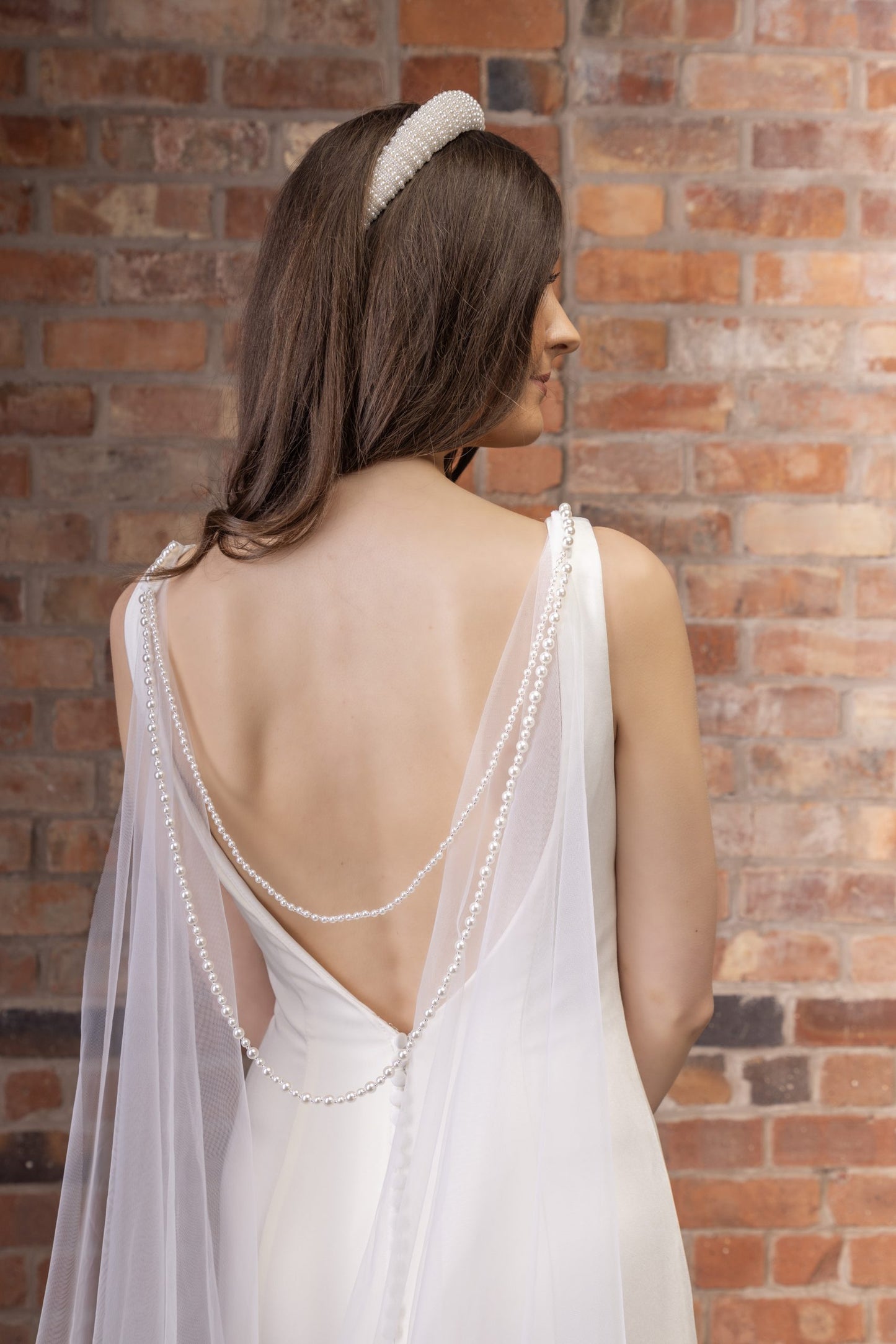 PBV9073-250 Perfect Bridal Cowl Back Train with Pearl Beaded Chain
