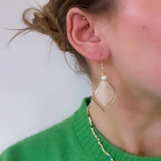 Azure Gold and White Fan Pearl Earrings