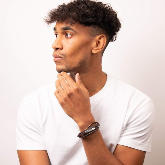 Fred Bennett Multi Row Brown Leather and Tigers Eye Bracelet with ID Bar