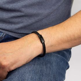 Fred Bennett Black Leather Plaited Bracelet with IP Sections