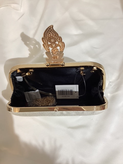 Silver Clutch Bag With Gold Trim & Crystal Leaf Clasp