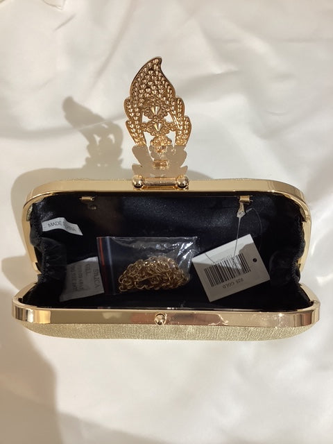 Gold Clutch Bag With Gold Trim & Crystal Leaf Clasp