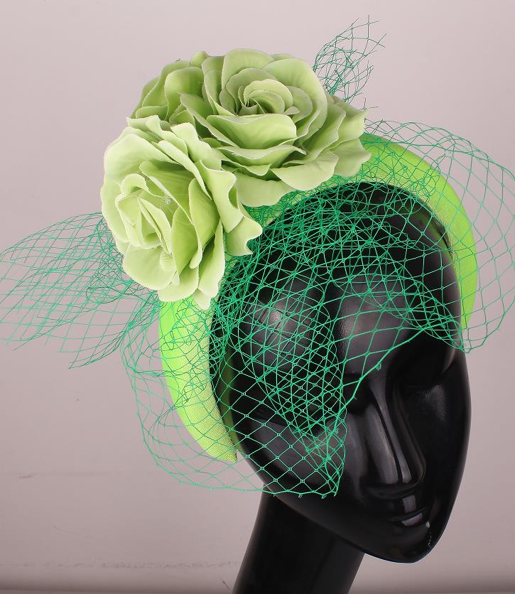 Green Headband/Headpiece With Flower & Netting Detail