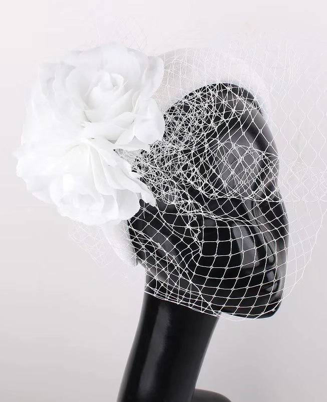 White Headband/Hairpiece With Flower & Netting Detail