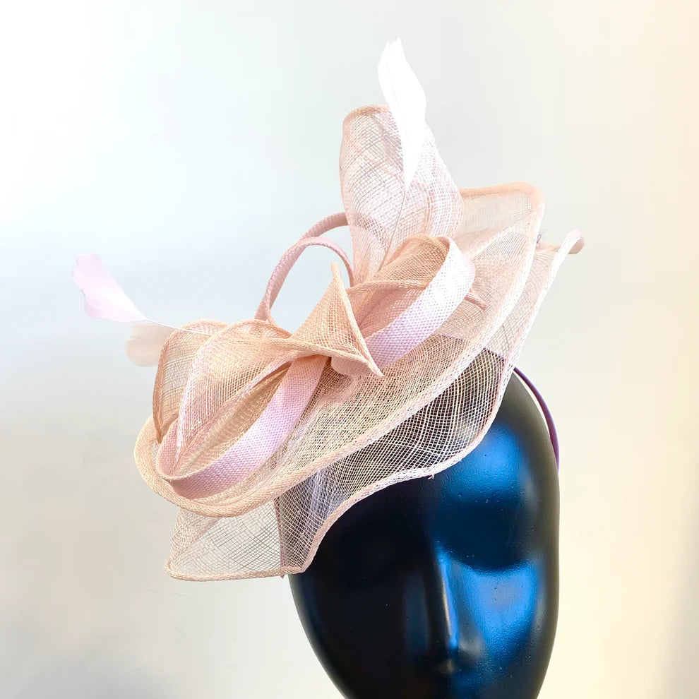Blush Fascinator/Headpiece With Bow & Feather Detail~D05