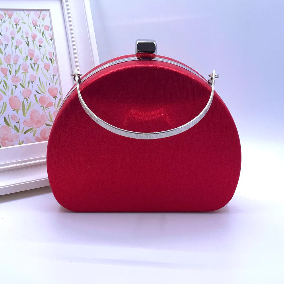 Half Moon Red Shimmer Clutch Bag With Silver Trim