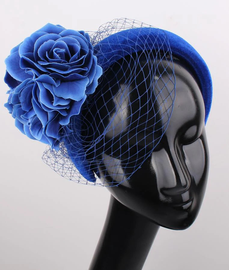 Royal Blue Headband/Headpiece With Netting & Flower Detail