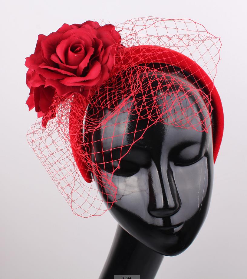 Red Headband/Headpiece With Flower & Netting Detail