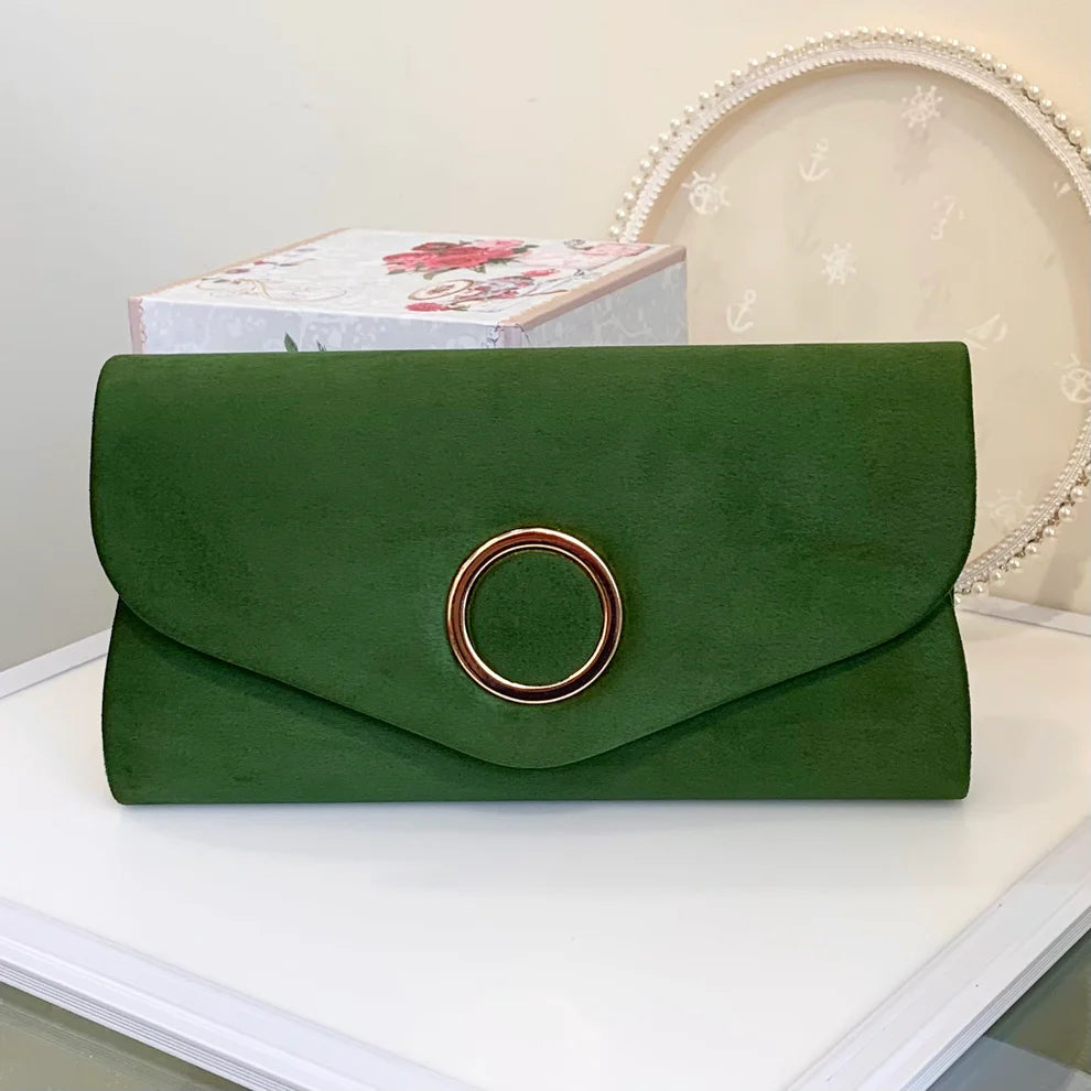 Green Suede Envelope Style Clutch Bag With Silver Circle Clasp