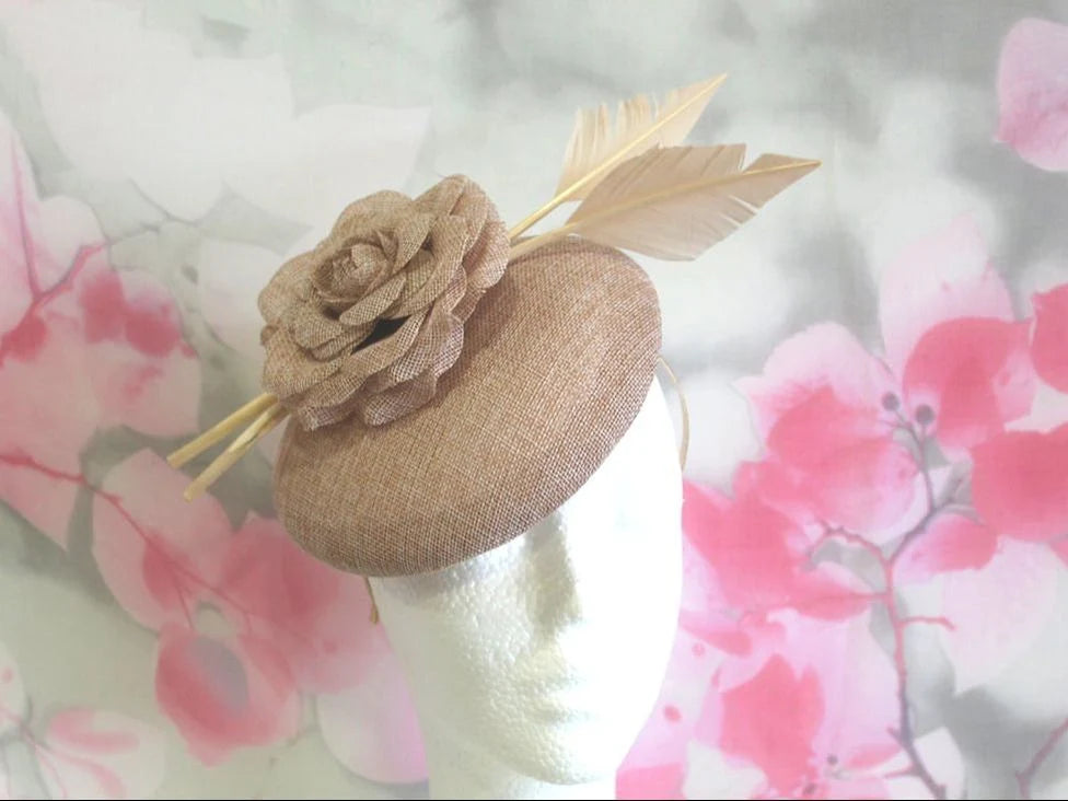 Coffee Fascinator With Flower & Feather Detail