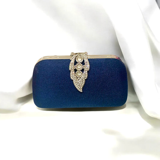 Navy Clutch Bag With Silver Trim & Crystal Clasp