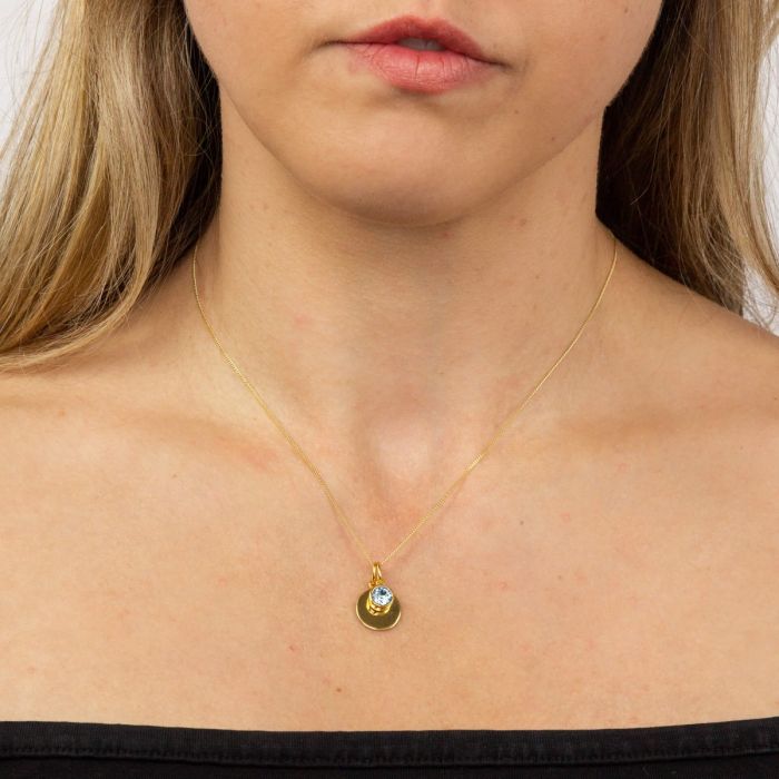 GKO Gold & Crystal Birthstone Charm & Disc Necklace-Aquamarine (March)