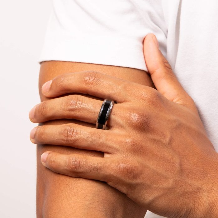 GKO Fred Bennett Tungsten Ring With Black Enamel Stripe