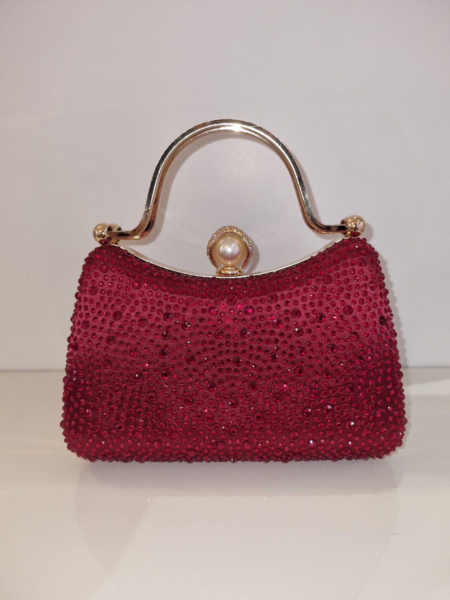 Diamante Handbag in Dark Red With Gold Trim