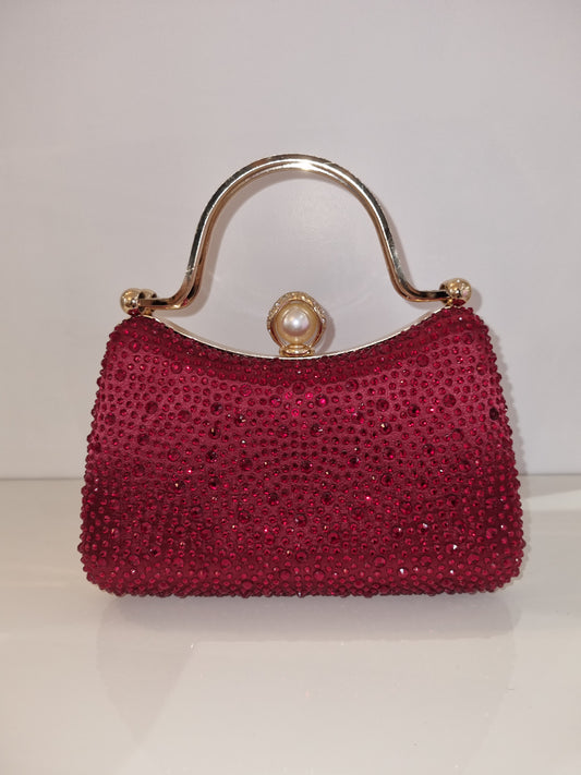 Diamante Handbag in Dark Red With Gold Trim