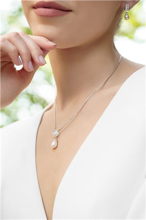 Newbridge Silverware Necklace With Pearl Drop Pendant & Clear Stone