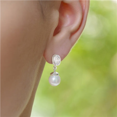 Newbridge Silverware Pearl Drop Earrings with Clear Stones