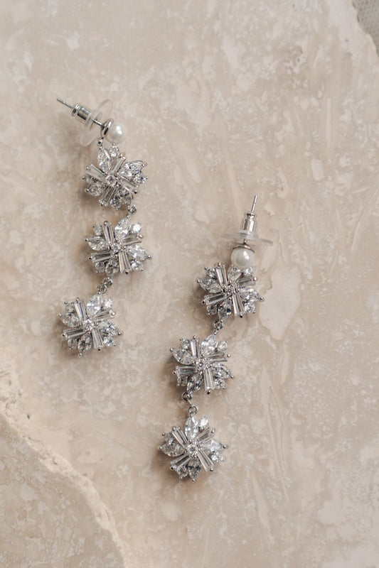 Lilibet | 18K White Gold Flowers Drop Statement Bridal Earrings
