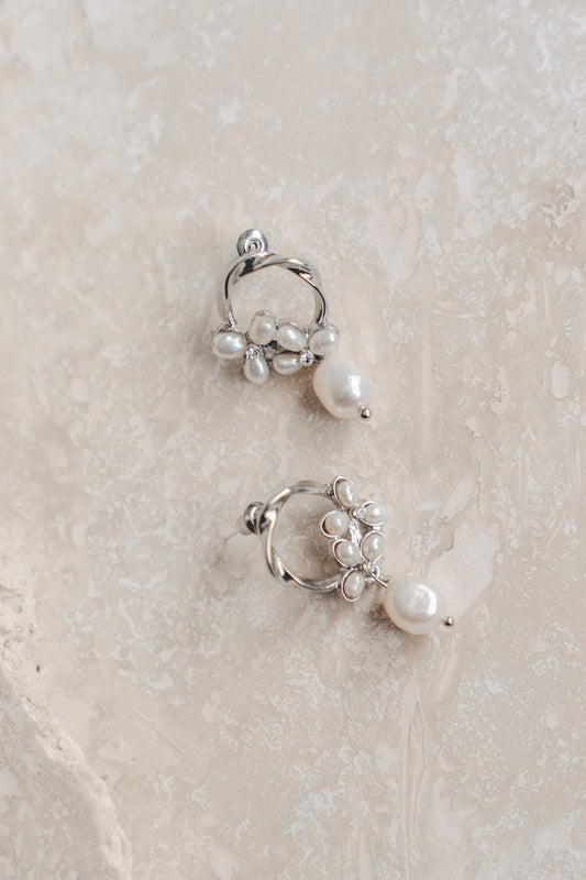 Florence | 14K White Gold Pearl Clusters Drop Bridal Earrings