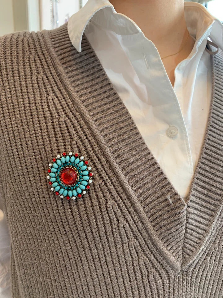 Azure Vintage Red and Turquoise Brooch