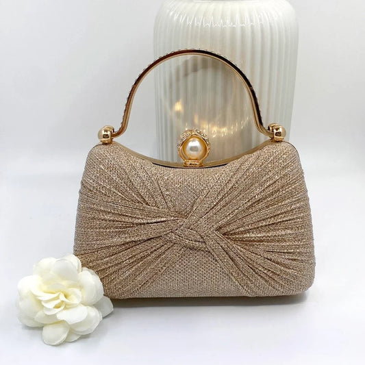 Champagne Handbag with Pearl & Crystal Clasp