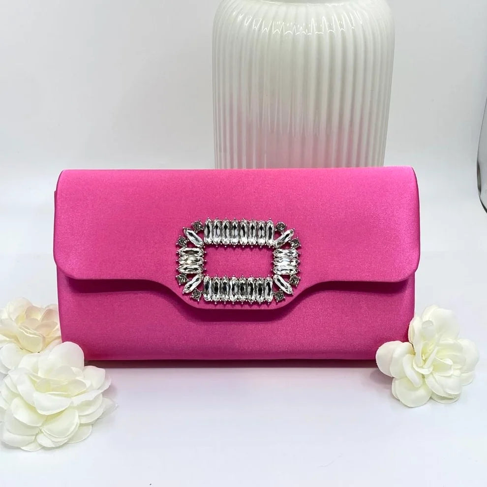 Fuchsia Satin Clutch Bag With Crystal Clasp