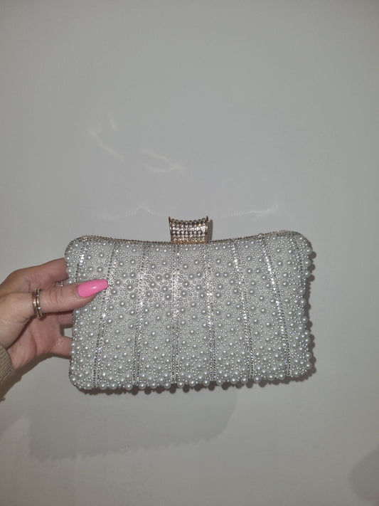 Pearl & Crystal Clutch Bag With Gold Trim