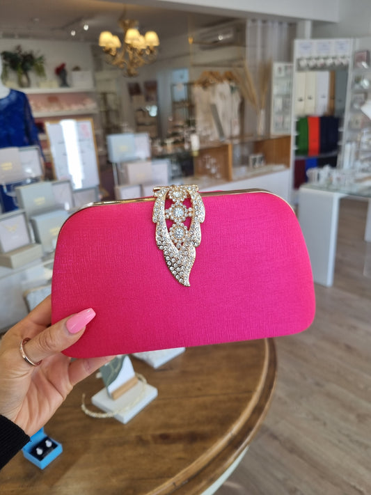 Pink clutch with feather clasp