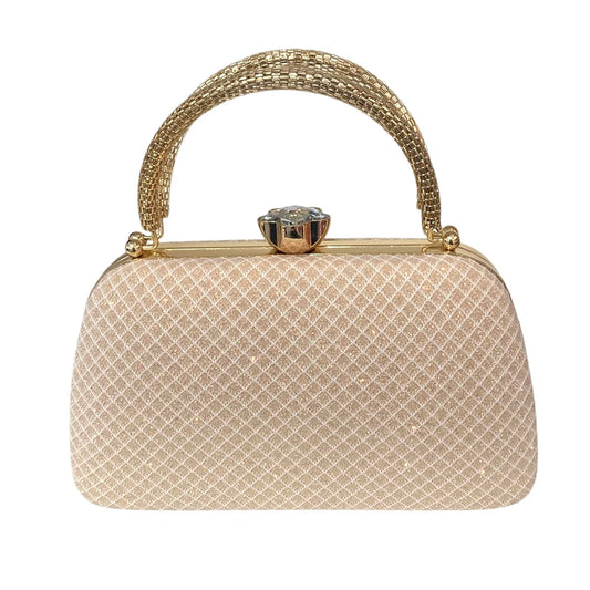 Champagne Handbag With Crisscross Design & Gold Trim