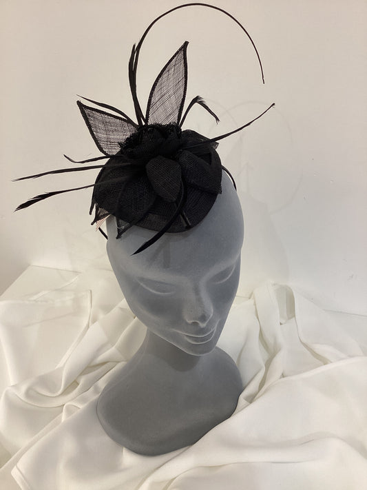 Black Fascinator With Bow & Feather Detail